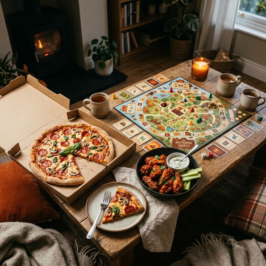 AI-generated illustration of pizza and wings beside a board game