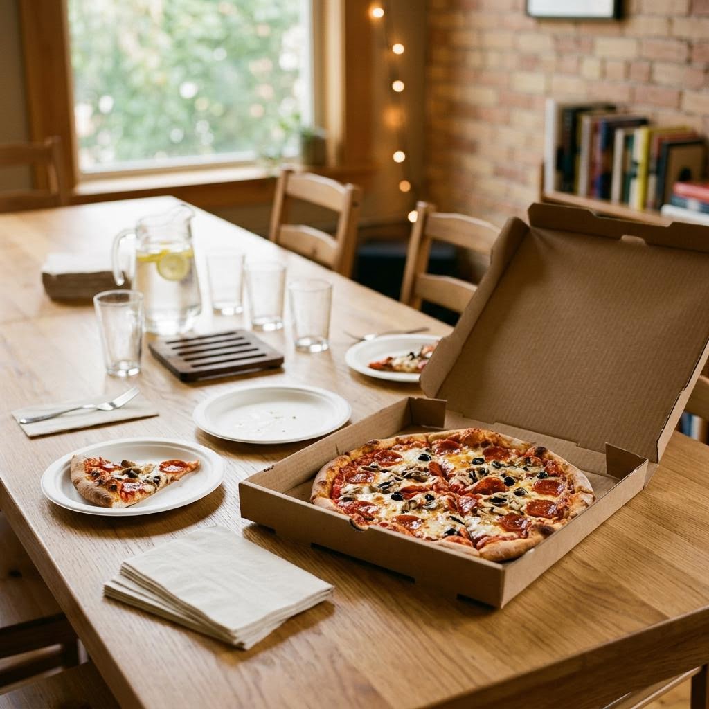 AI-generated illustration of pizza and plates on a meeting table