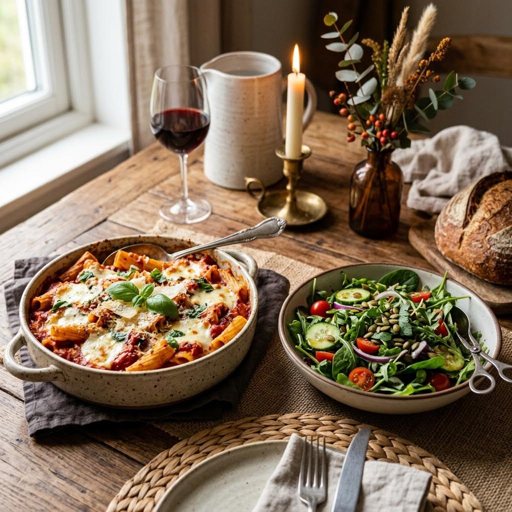 AI-generated illustration of pasta with tomato sauce and a side salad